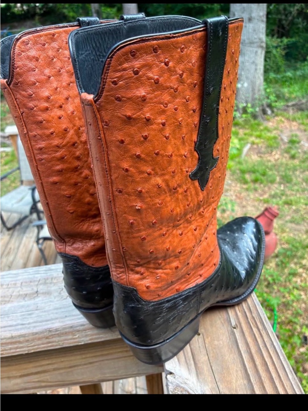 Men's Two-Tone Orange Ostrich-Texture Western Boots with Black Trim